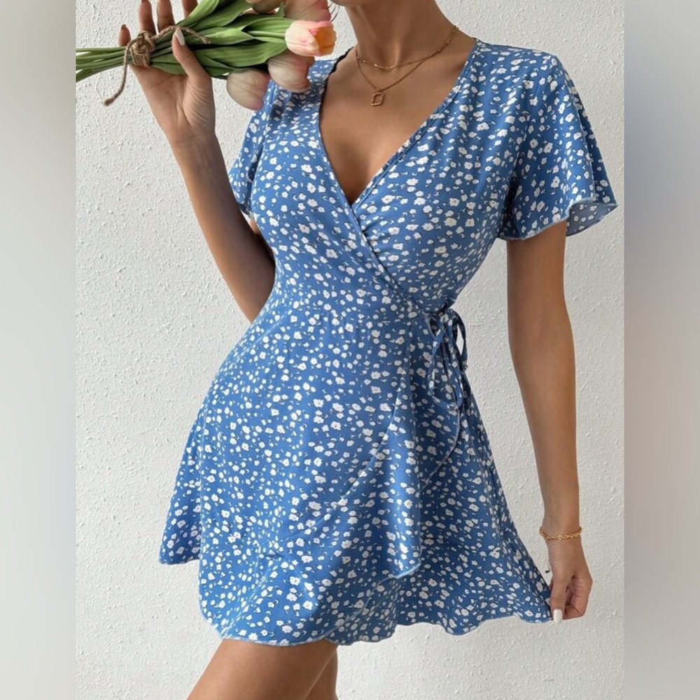 Shein Blue Floral Wrap Dress